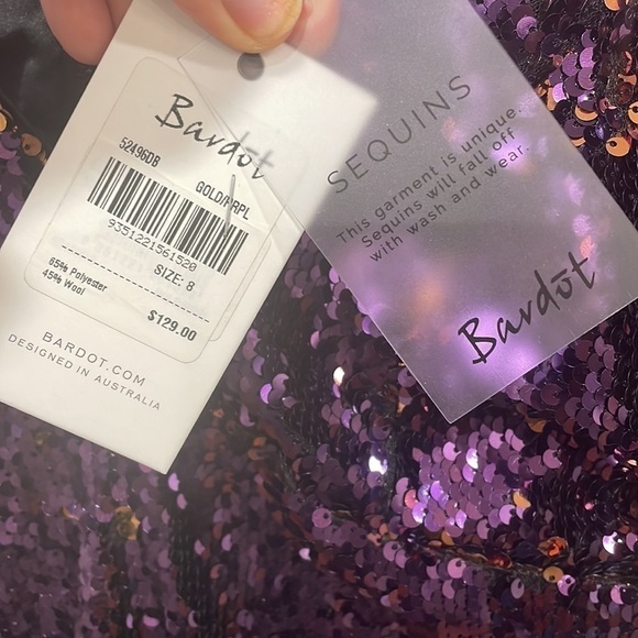 Bardot Sequin Micro Mini Dress Womens 4 Purple Short Sleeve V Neck Back Zip NWT - Picture 4 of 6